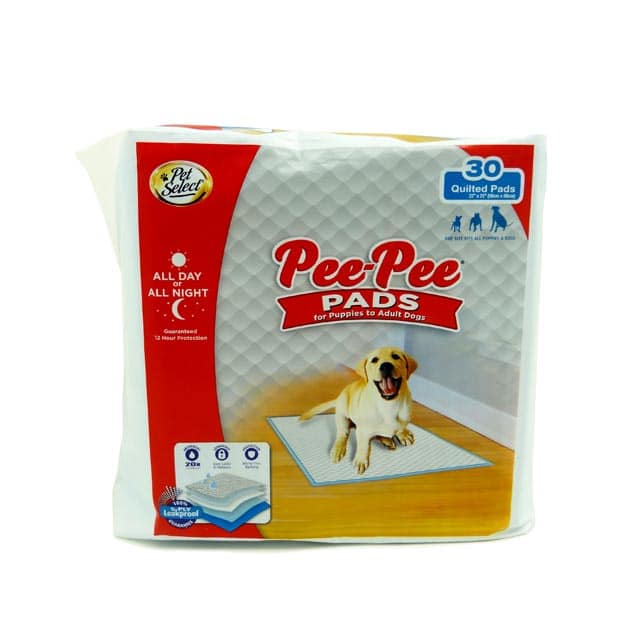 Four Paws Pet Select Dog Pee Pads take the mess out of housetraining! Each pad features a 5-ply system designed to stop leaks and keep the potty area clean. The quick-drying top layer prevents tracking, while the super-absorbent quilted core simultaneously provides maximum absorption. These dog training pads also feature a heavy duty leak-proof liner that helps protect floors and carpets, and a built-in attractant that draws your dog to use the pad. Ideal for both puppy training and stay-at-home adult dogs, these big dog pads provide 12 hours of protection. Make potty time clean and convenient with our all-in-one indoor dog training solution!